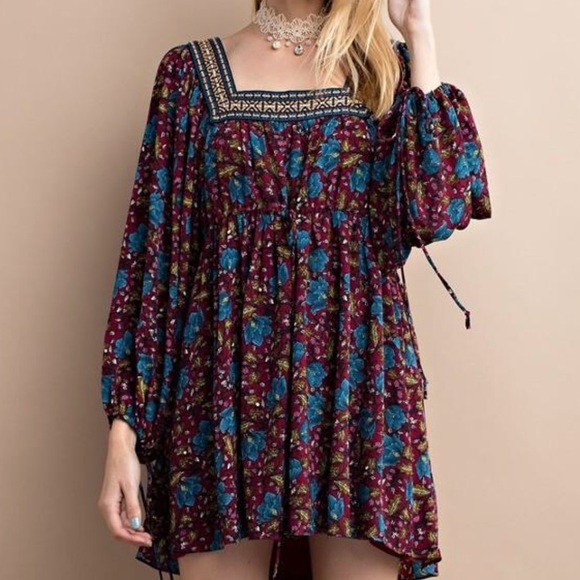 ❗️CLOSING SALE❗️Deep Wine & Blue Long Sleeve Dress - Picture 3 of 3